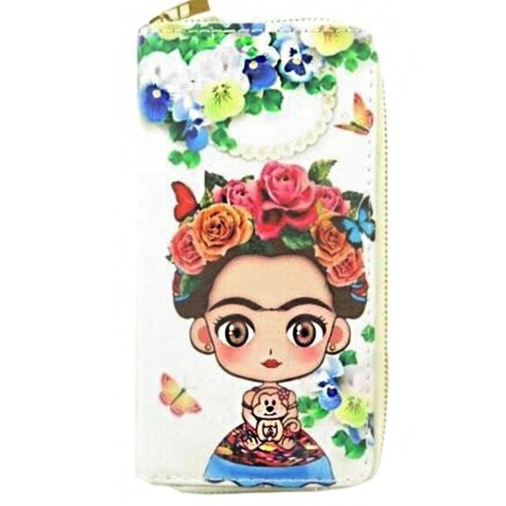 Animated Frida Kahlo Print Single‎ Zipper Closure PU Leather Continental Wallet